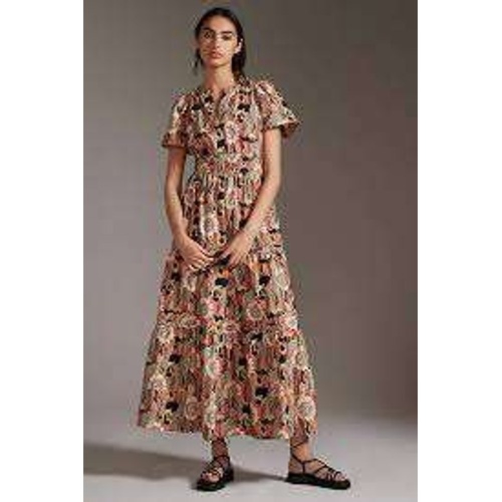 Anthropologie Somerset Tiered Maxi Dress Floral Smocked Coral Short Sleeve XS